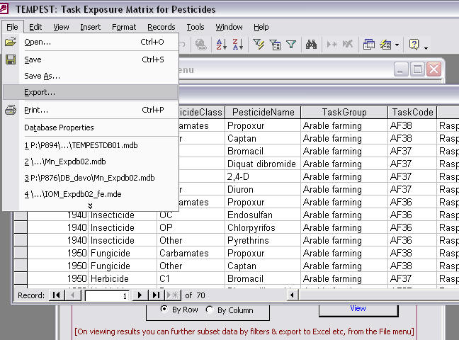 Example of file export from Access TEMPEST