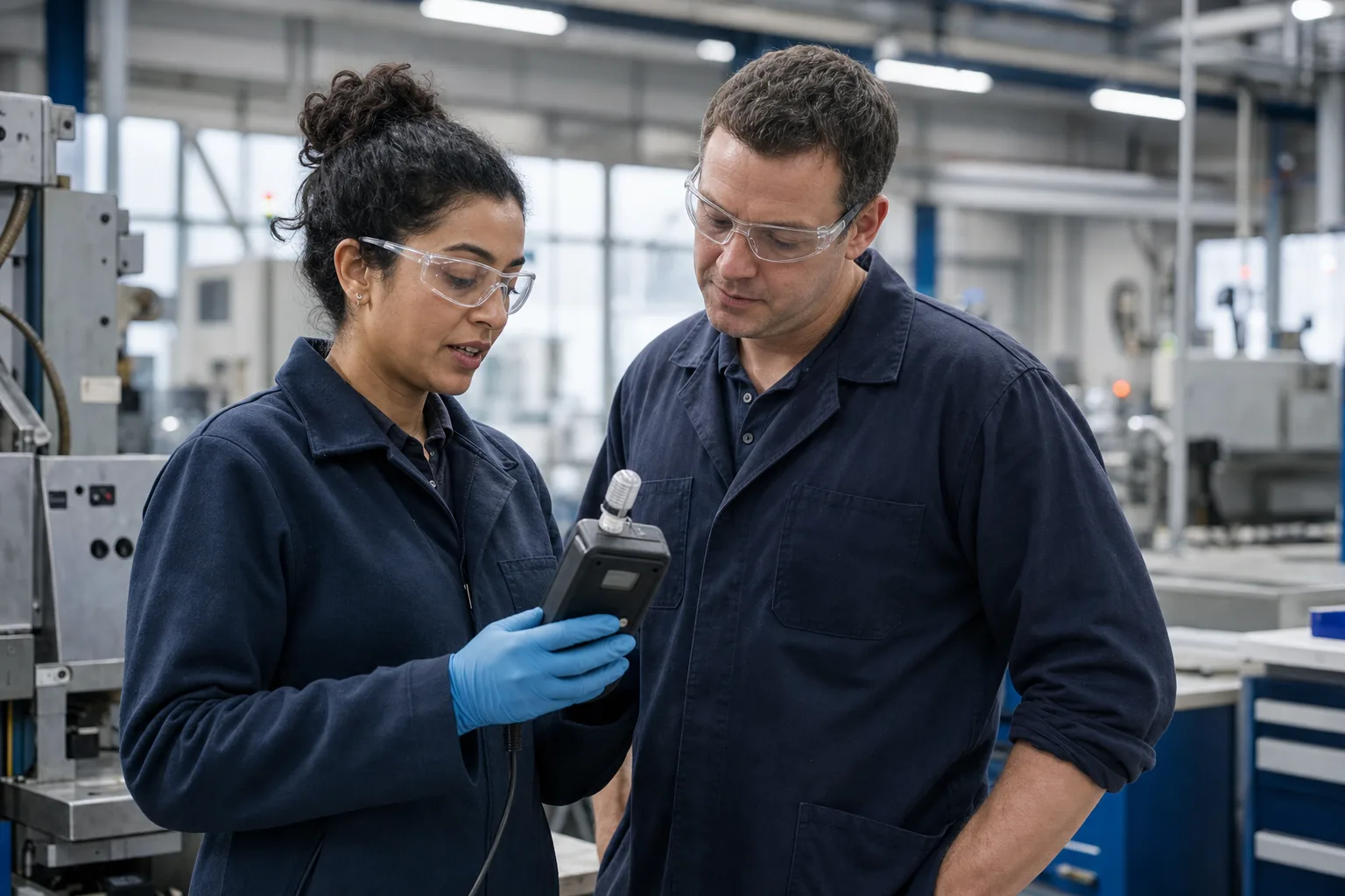 Occupational hygiene specialists carrying out workplace monitoring